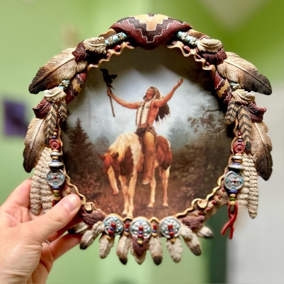 Vintage Native American Tribal Frame & Plate Wall Hanging Bohemian Art Decor - Picture 3 of 5